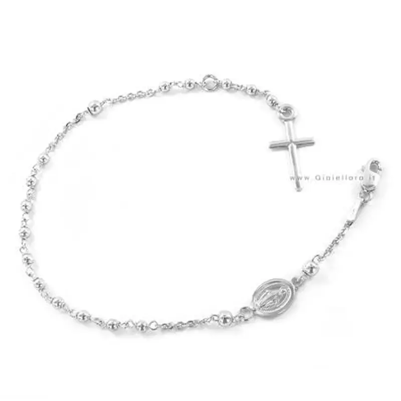 bracciale rosario in oro bianco con medaglia madonna miracolosa e croce
