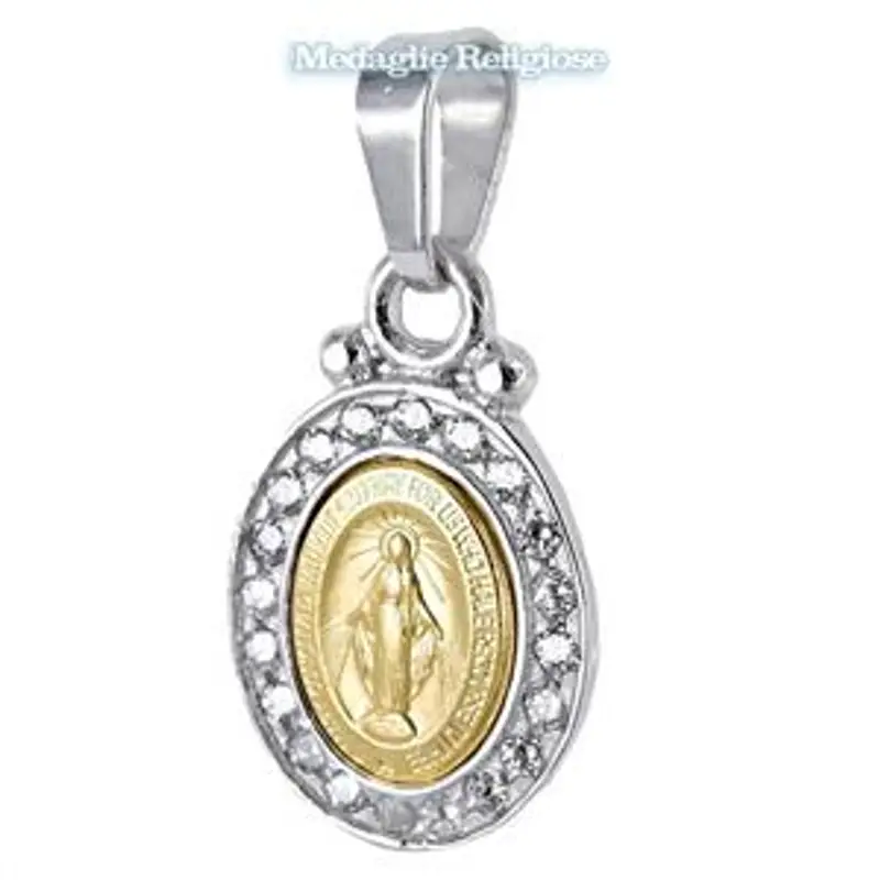 medaglia madonna miracolosa in oro giallo bianco e zirconi