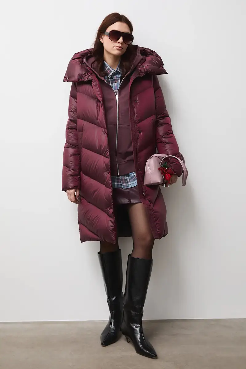 cappoto in piuma-piumino donna colore granata