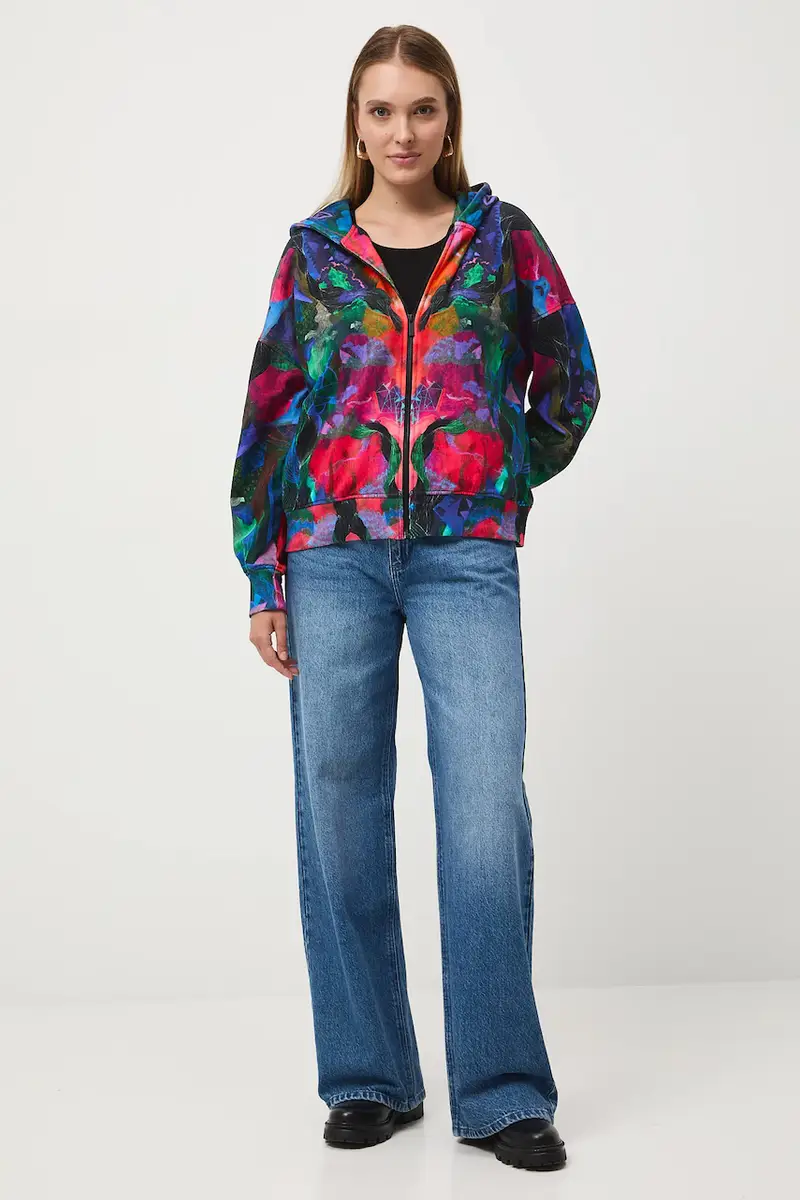 felpa in cotone donna con cappuccio Multicolore miniatura 3