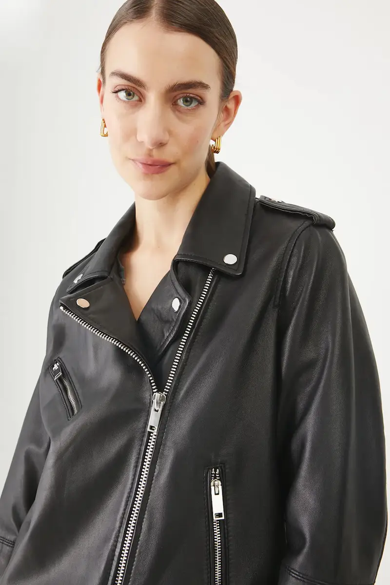 giacca in pelle colore nero miniatura 4