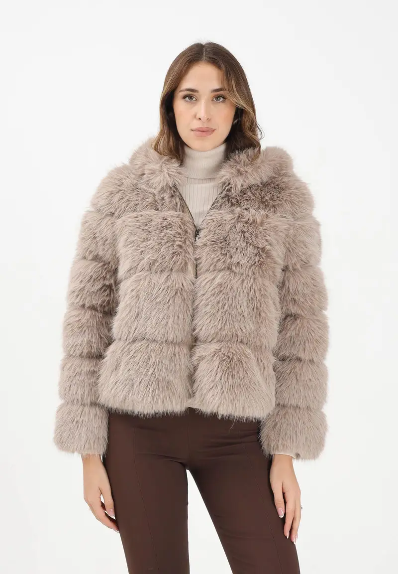 Pelliccia beige da donna con cappuccio miniatura 2