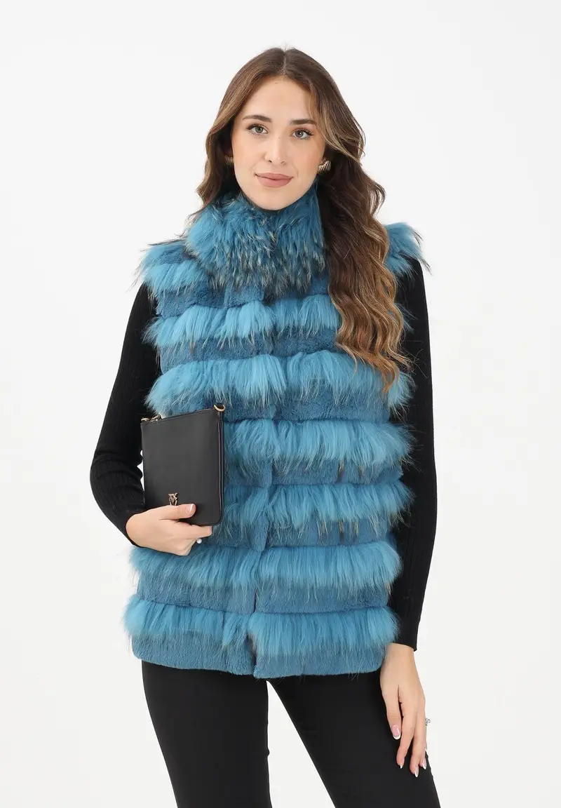 Pelliccia smanicata azzurro petrolio da donna miniatura 2