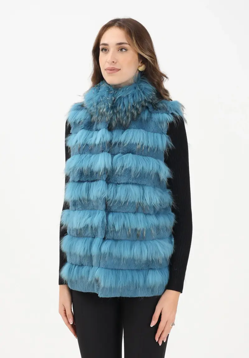 Pelliccia smanicata azzurro petrolio da donna