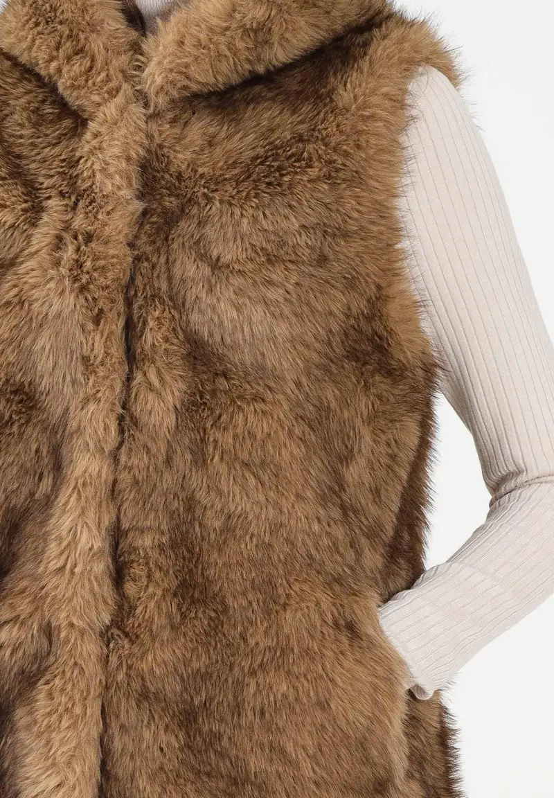 Pelliccia smanicata beige da donna con cappuccio miniatura 3