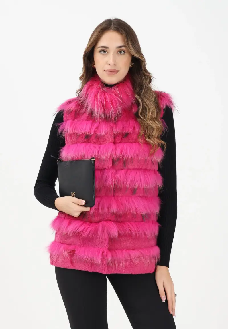 Pelliccia smanicata fucsia da donna miniatura 2