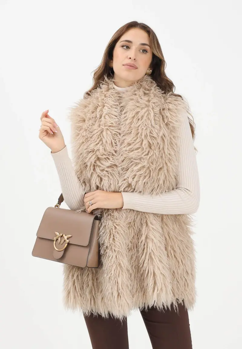 Pelliccia smanicata reversibile beige da donna miniatura 2