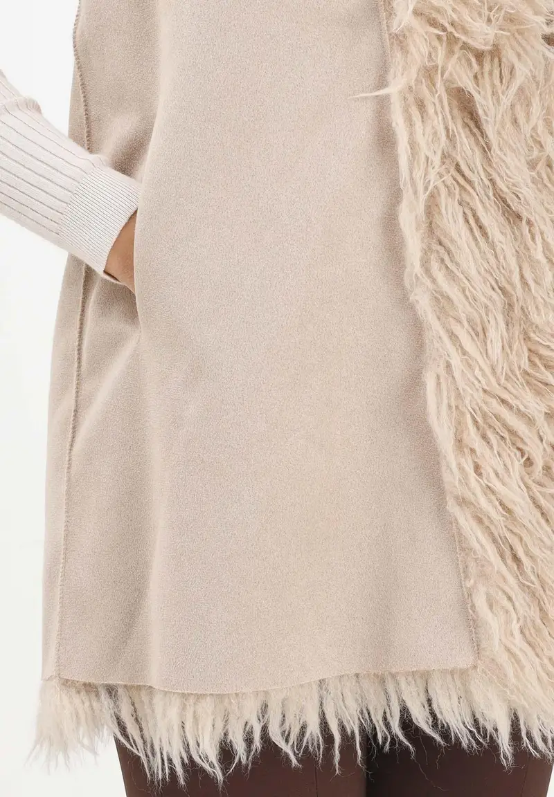 Pelliccia smanicata reversibile beige da donna miniatura 3