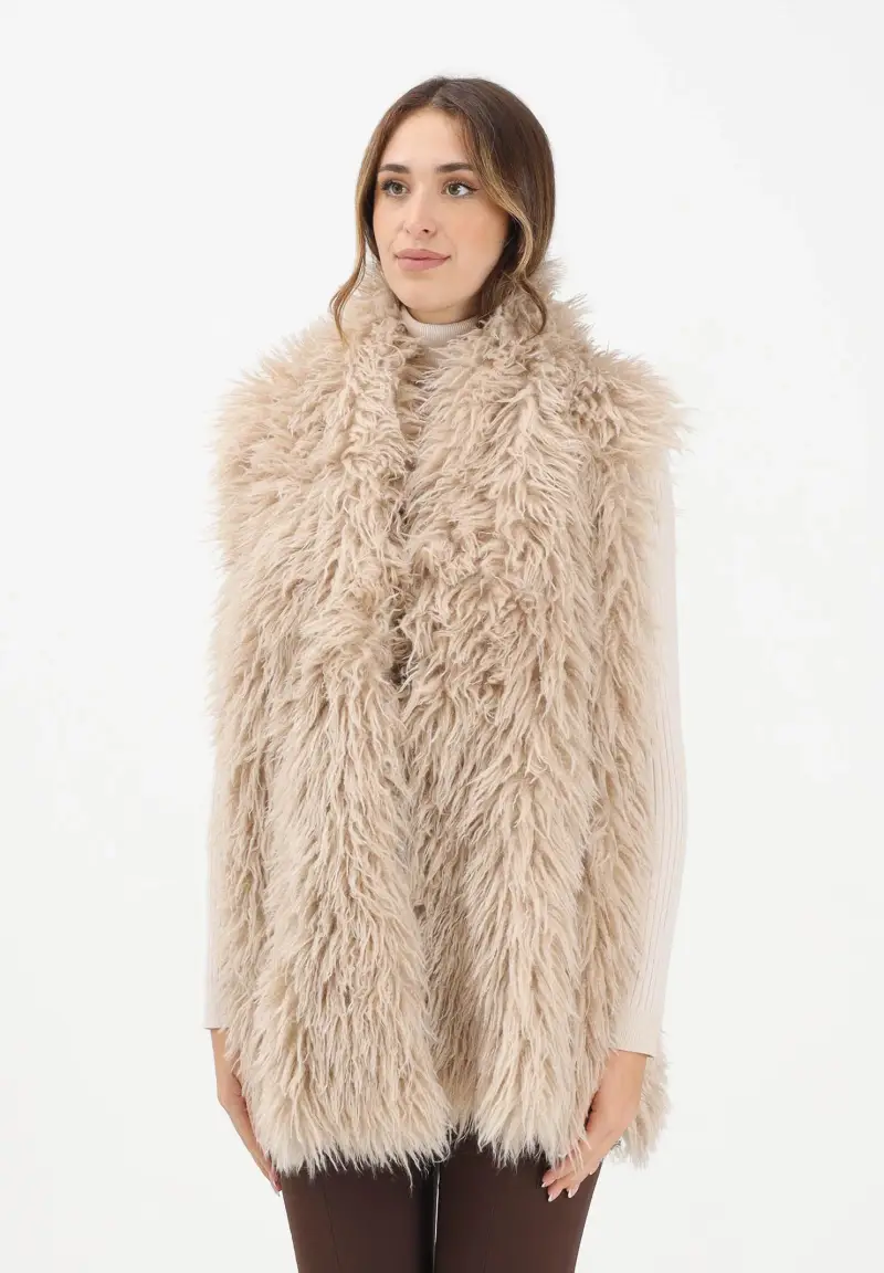 Pelliccia smanicata reversibile beige da donna