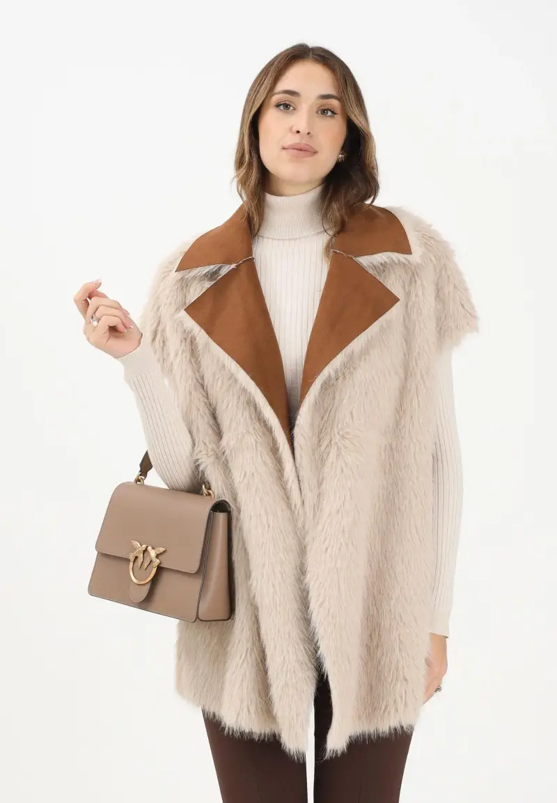 Pelliccia smanicata reversibile beige da donna miniatura 2