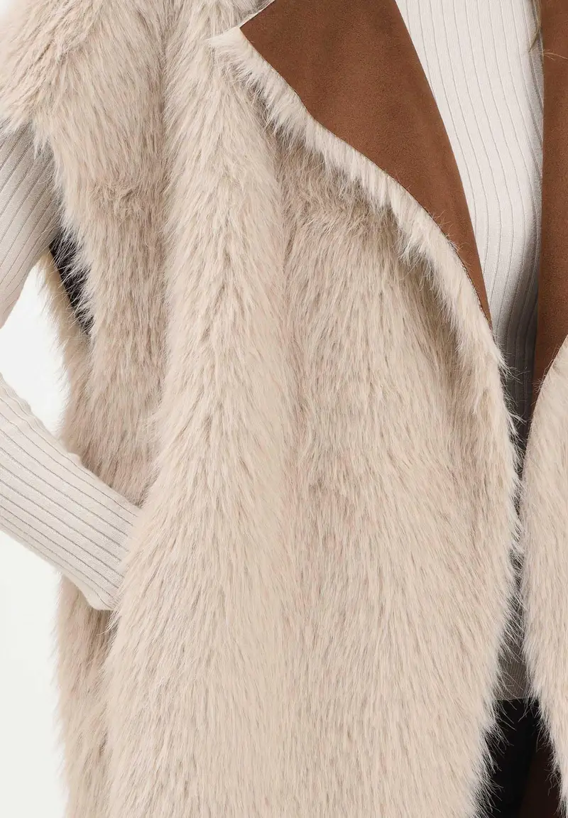 Pelliccia smanicata reversibile beige da donna miniatura 3