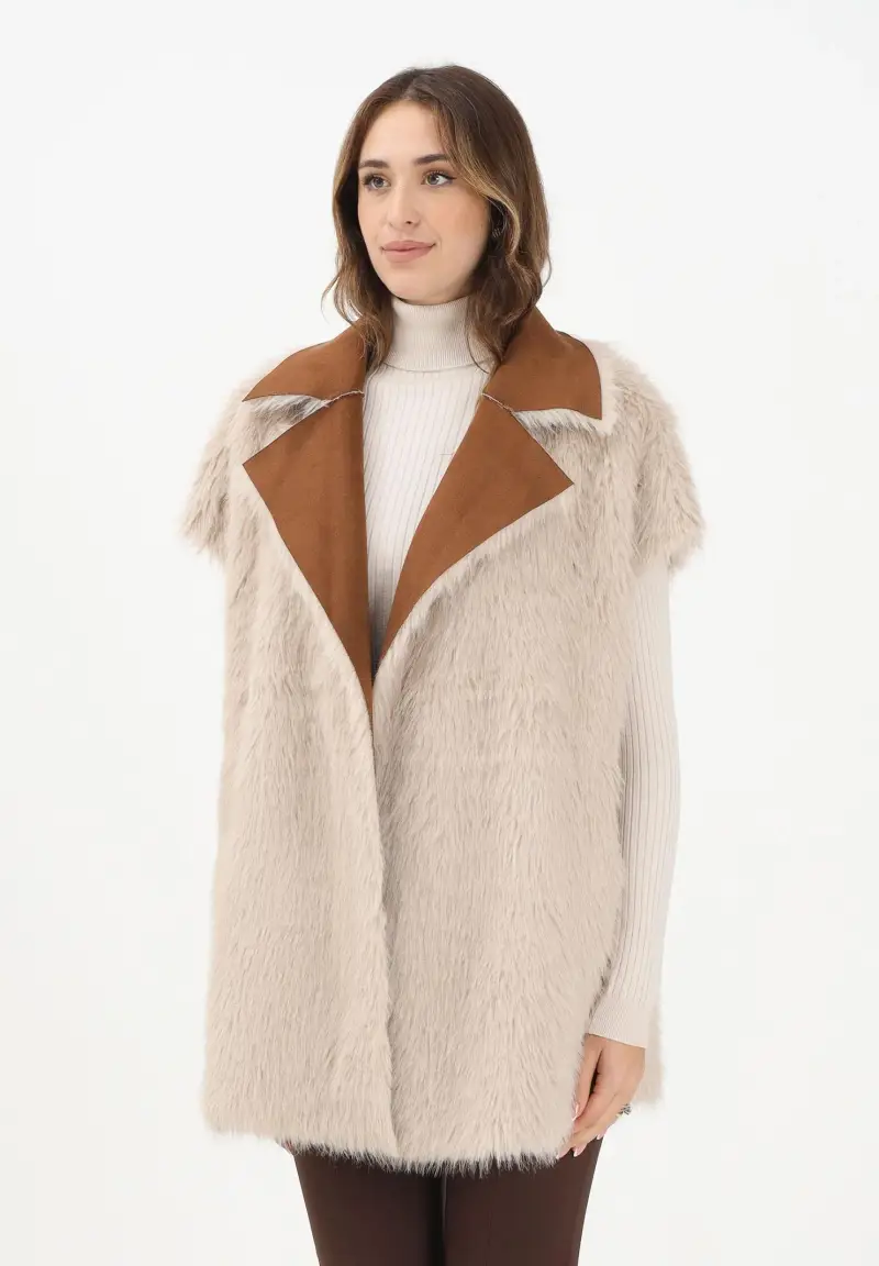 Pelliccia smanicata reversibile beige da donna