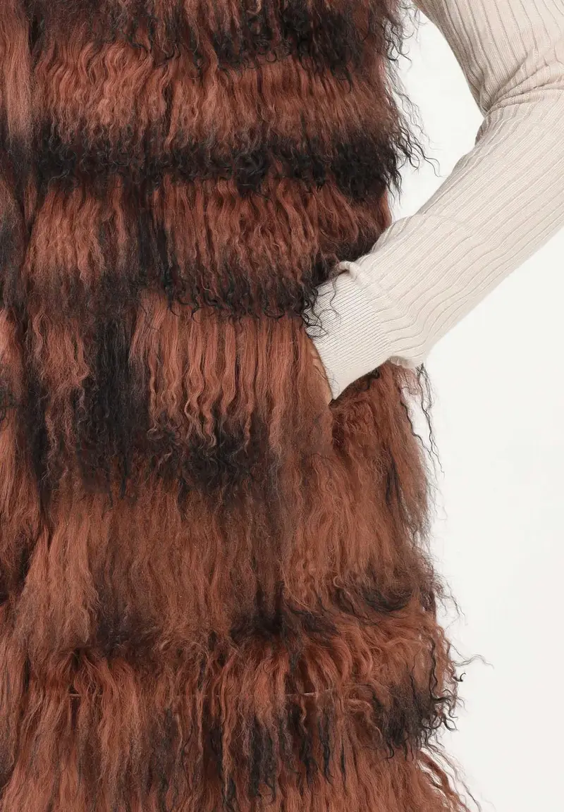 Vera pelliccia lunga da donna con effetto a righe sfumate nei toni del marrone e del nero miniatura 3