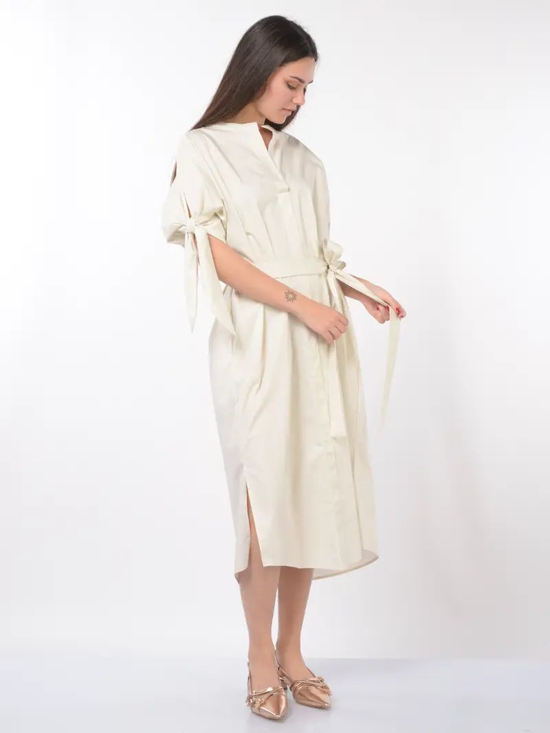 abito lungo da donna Meimeij a kimono con fiocchi BEIGE miniatura 2