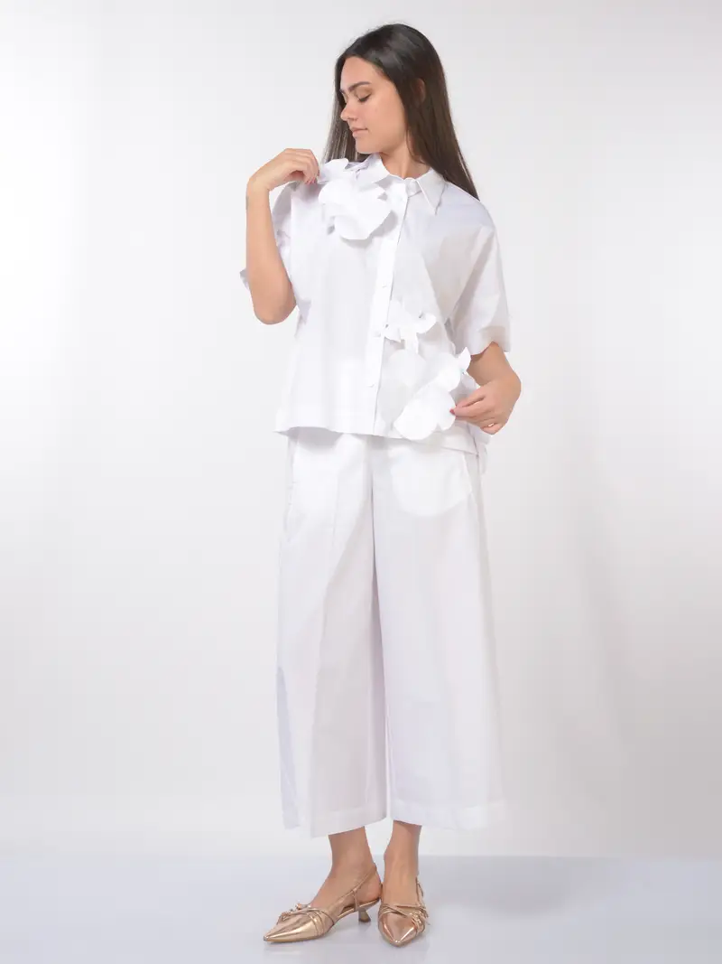 camicia da donna Meimeij a manica corta con fiori 3D Bianco miniatura 2