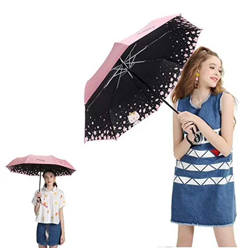 Meiyijia Ombrello, apertura e chiusura automatica, compatto e pieghevole, protezione UV, portatile da viaggio e resistente al vento ultraleggero ombrellone.., Rosa motivo gatto, 28.5 miniatura 2