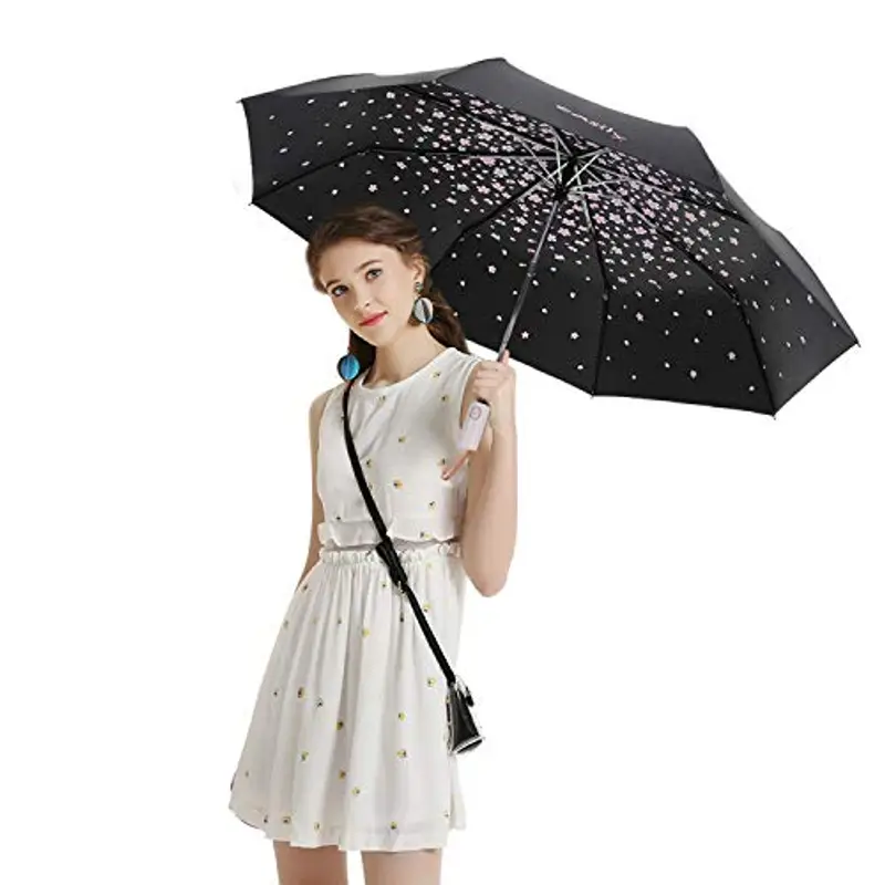 Meiyijia Ombrello Portatile Pieghevole Antivento di alta qualità, ombrello da viaggio anti vento, Apertura e chiusura automatica, UV Resistenza (fiore di ciliegio - nero) miniatura 2