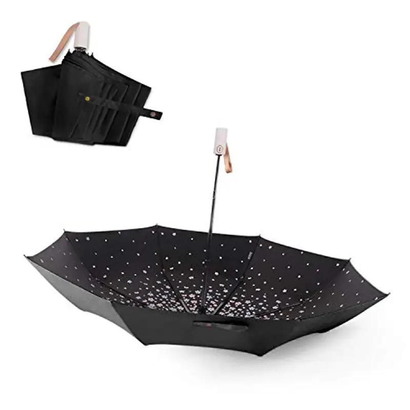 Meiyijia Ombrello Portatile Pieghevole Antivento di alta qualità, ombrello da viaggio anti vento, Apertura e chiusura automatica, UV Resistenza (fiore di ciliegio - nero) miniatura 3