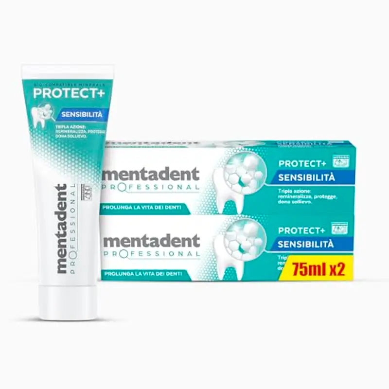 Mentadent Professional Dentifricio Protect+ Sensibilità, Dentifricio Denti Sensibili, Remineralizza e Dona Protezione Contro la Sensibilità Dentinale, con Minerali Bio-compatibili e Potassio, 2x75 ml