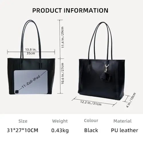 Mervokl Borse Tote a Mano da Donna Grande, PU pelle, da Spalla, Impermeabile Nero, Adatto per miniatura 3