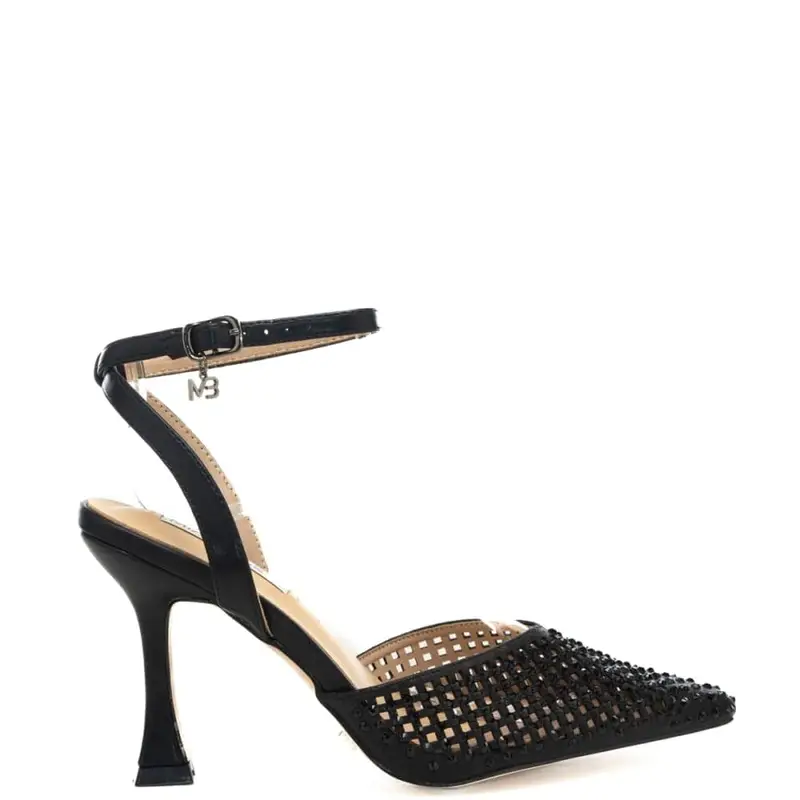 scarpe alte da donna in tessuto intrecciato traforato con cinturino alla caviglia nere