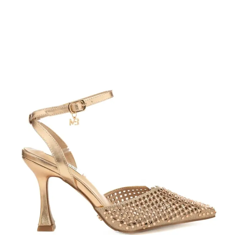 scarpe alte da donna in tessuto intrecciato traforato con cinturino alla caviglia oro rosa