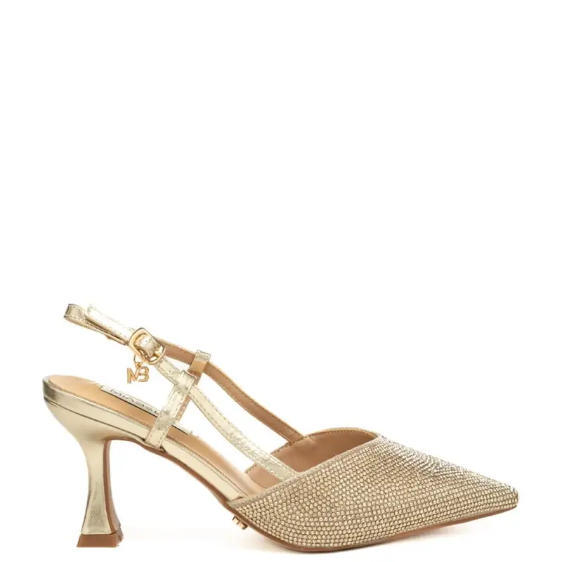 slingback da donna con tacco a rocchetto e strass platino