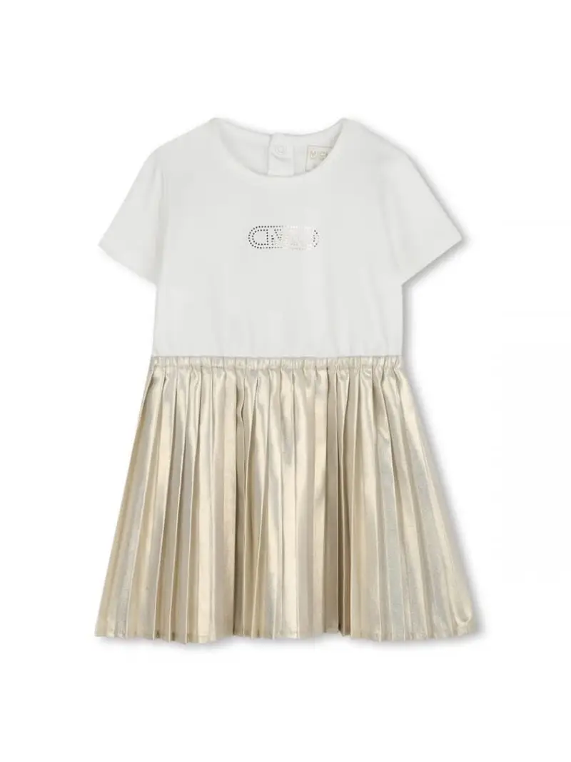 Michael Kors abito bianco bambina in cotone gonna plisse oro logo sul davanti