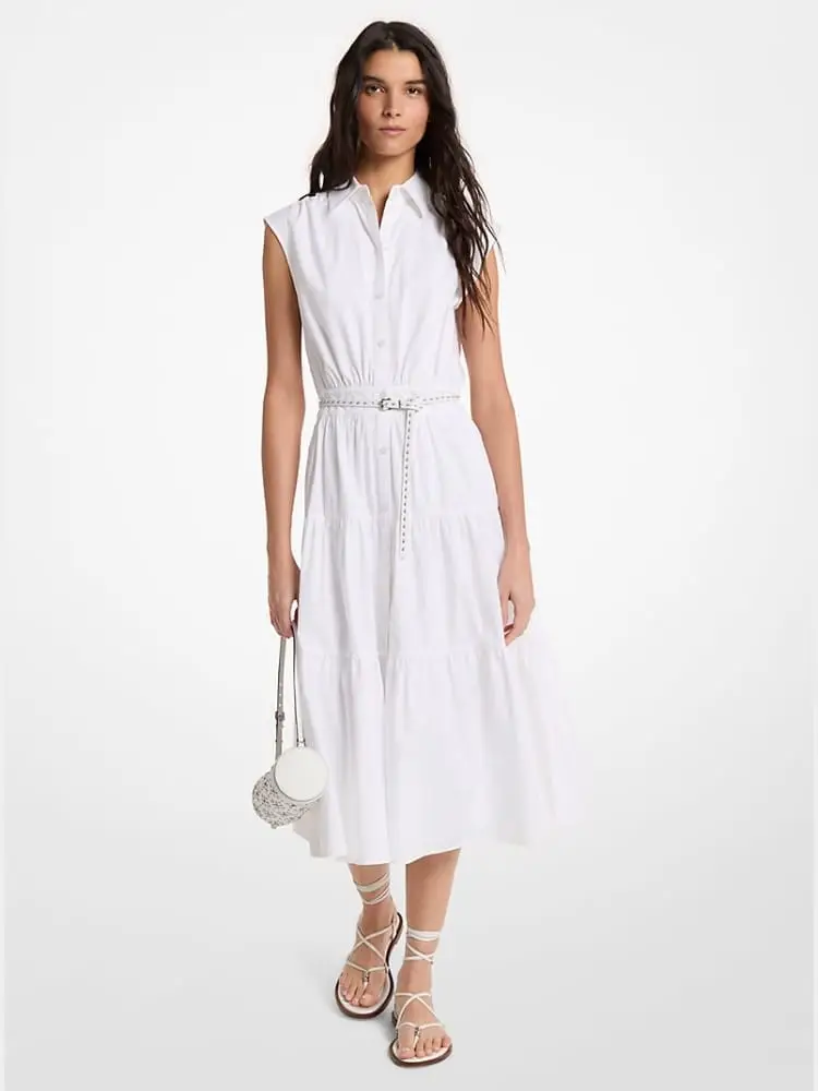 abito chemisier smanicato in popeline di cotone bianco con cintura