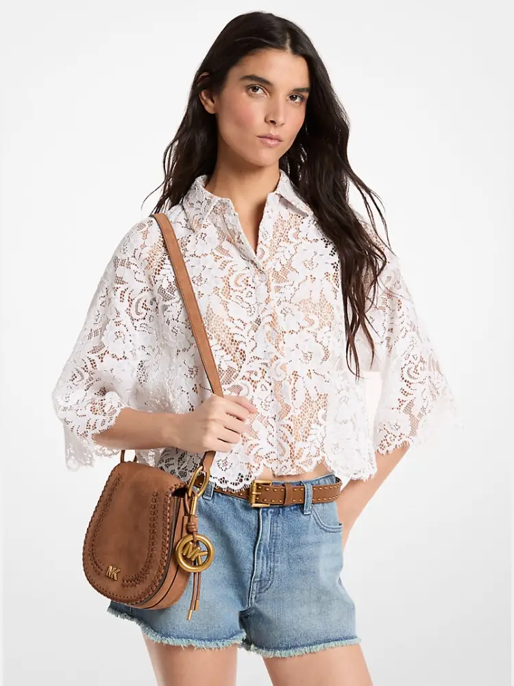 blusa cropped in pizzo bianco cordonato floreale