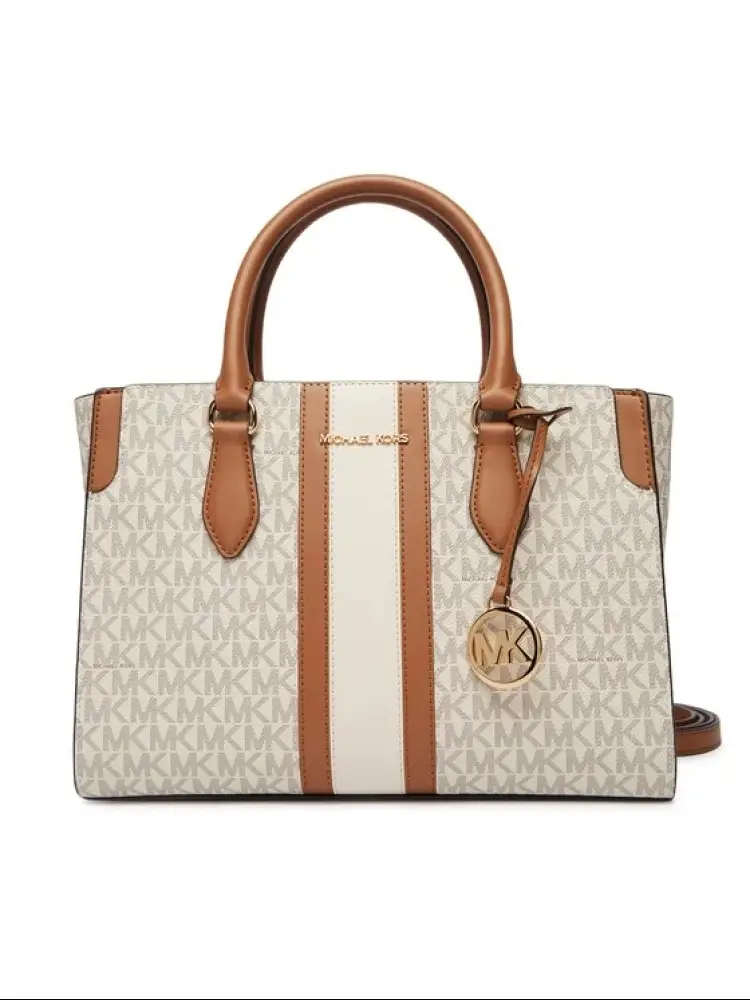 borsa a mano becca media con riga e logo panna