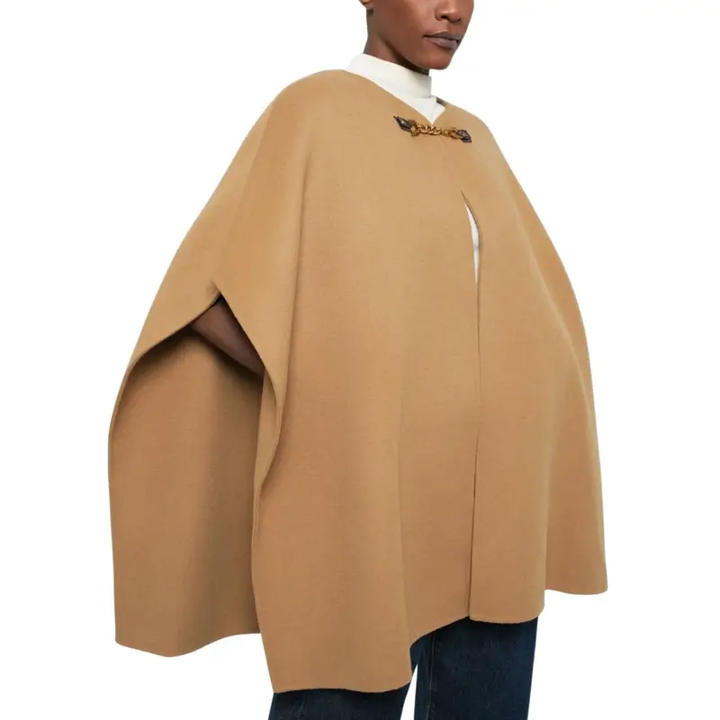 cappa da donna double-face in misto lana con gancio in metallo frontale cammello miniatura 3