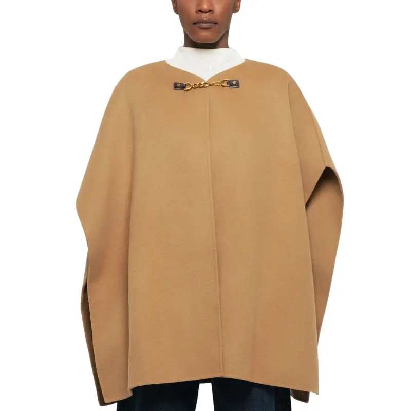 cappa da donna double-face in misto lana con gancio in metallo frontale cammello