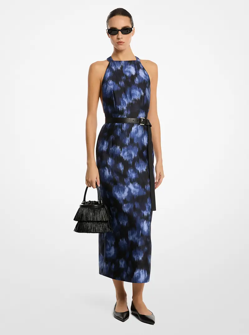 MK Abito con scollo all'americana in shantung di seta e lana chiné con motivo floreale - Nero - Michael Kors