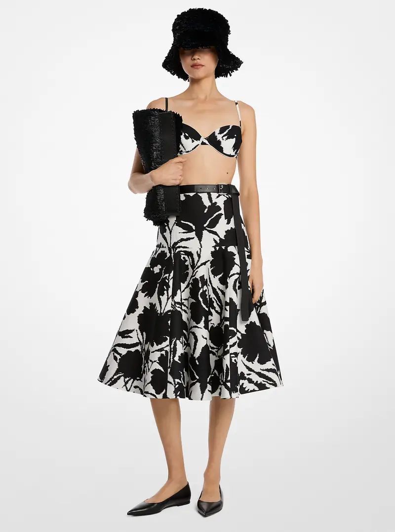 MK Gonna a vita bassa in seta e cotone jacquard chiné con motivo floreale - Nero - Michael Kors