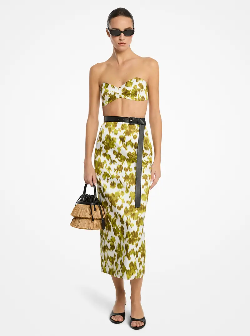 MK Gonna in raso duchesse chiné con motivo floreale - Verde - Michael Kors