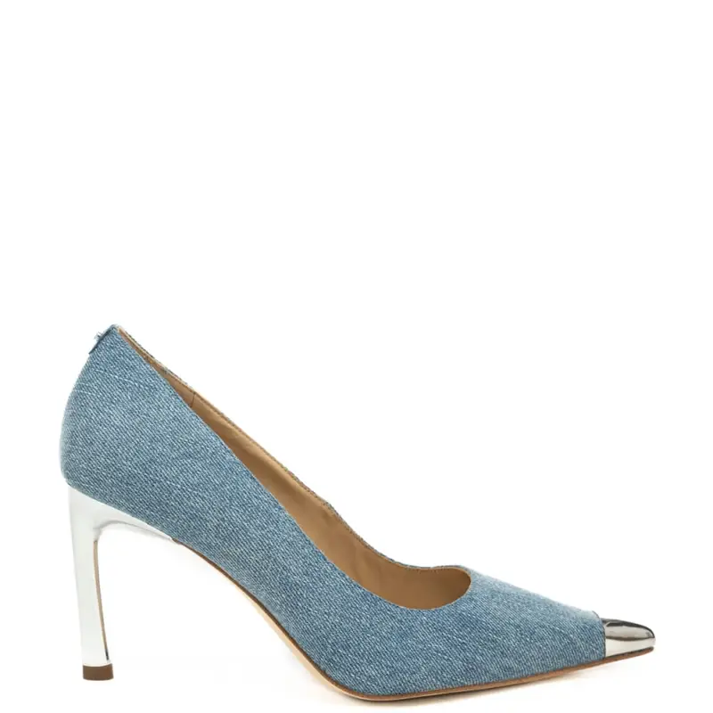 décolleté kasia da donna in denim con tacco e punta laminati argento