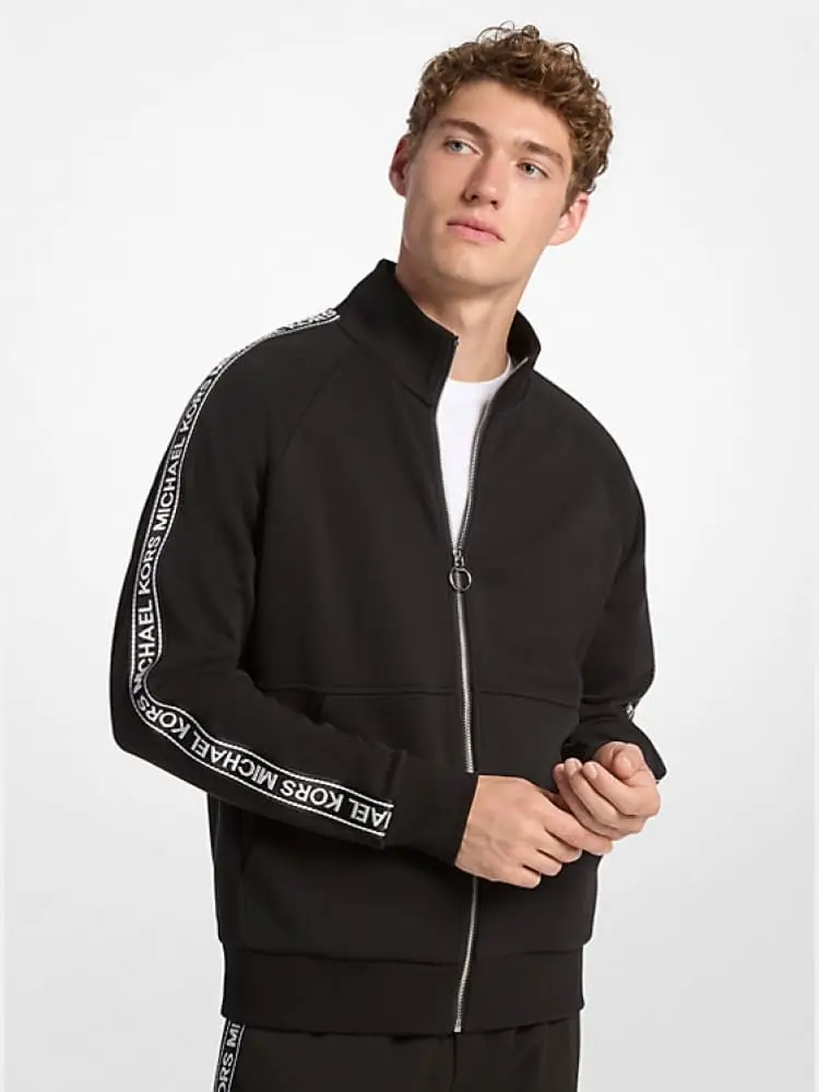 felpa full zip in misto cotone nero con fettuccia con logo