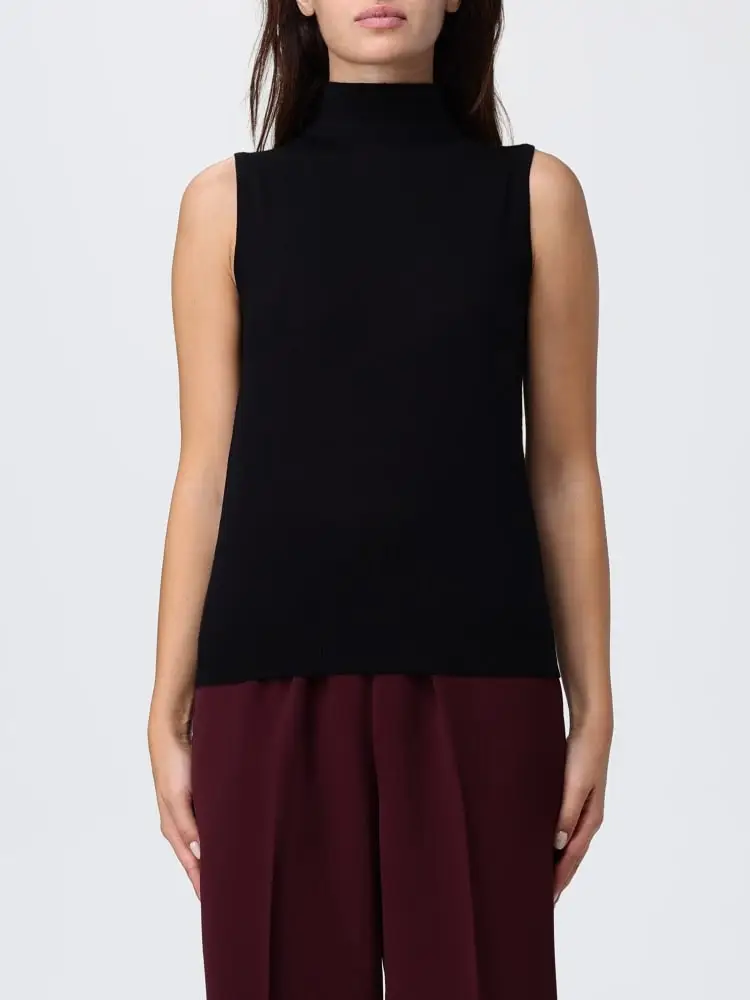 maglia collo alto smanicata in lana merino nero