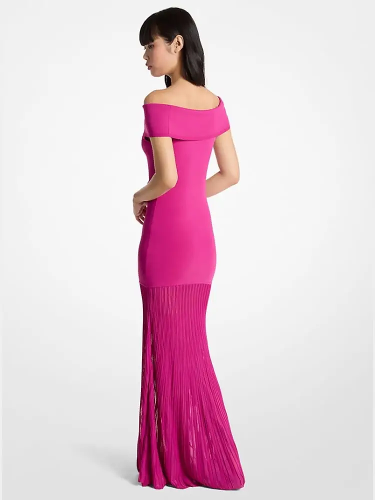 maxi abito in maglia plissettata stretch con spalle scoperte fucsia miniatura 2