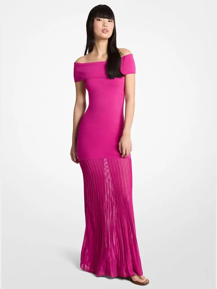 maxi abito in maglia plissettata stretch con spalle scoperte fucsia