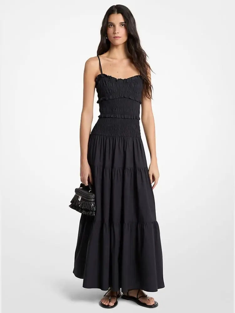 maxi abito in popeline di cotone nero con arricciature