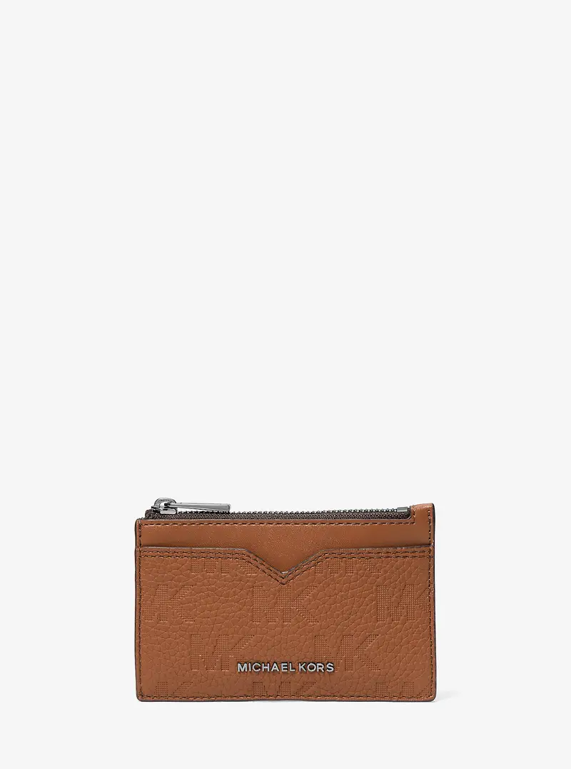 MK Porta carte di credito Hudson in pelle con logo goffrato - Marrone - Michael Kors miniatura 3
