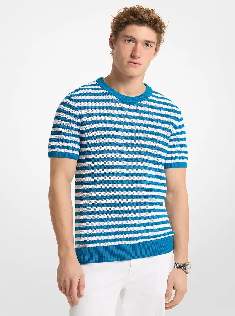 MK Pullover a maniche corte in cotone e mesh a righe - Blu - Michael Kors miniatura 2