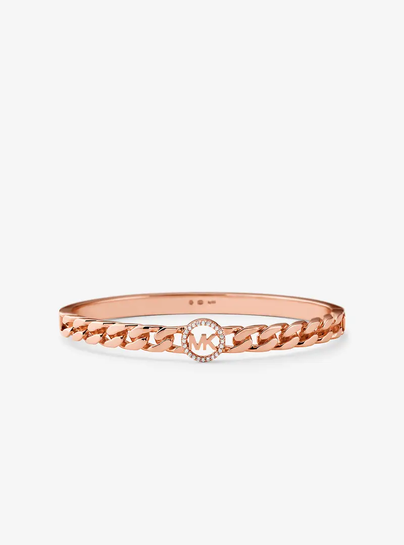 MK Bracciale rigido con maglie a catena in argento sterling placcato oro 14K con logo e pavé - Oro Rosa - Michael Kors