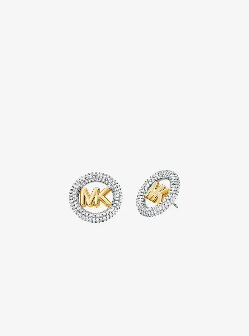 MK Orecchini a bottone medi in ottone placcato in metallo prezioso con logo e pavé - Argento - Michael Kors