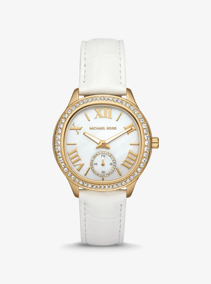 MK Orologio Sage tonalità oro con pavé e cinturino in pelle stampa coccodrillo - Bianco - Michael Kors