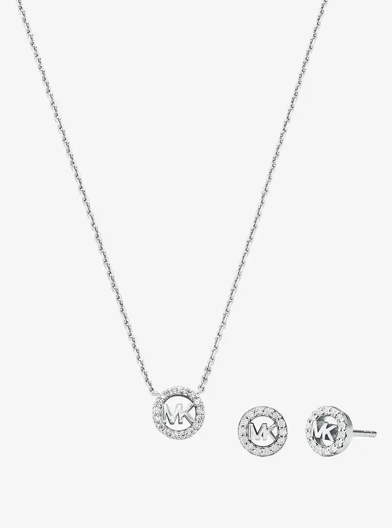 MK Set orecchini e collana Fulton con ciondolo con logo in argento sterling placcato in metallo prezioso con pavé - Argento - Michael Kors