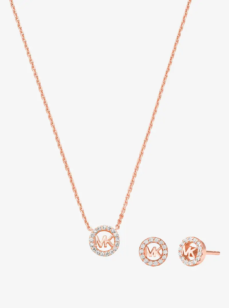 MK Set orecchini e collana Fulton con ciondolo con logo in argento sterling placcato in metallo prezioso con pavé - Oro Rosa - Michael Kors