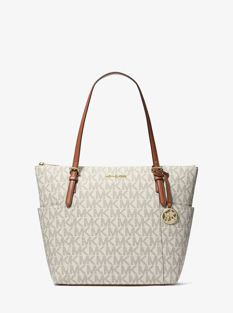MK Borsa tote Charlotte media con zip superiore e stampa logo - Naturale - Michael Kors
